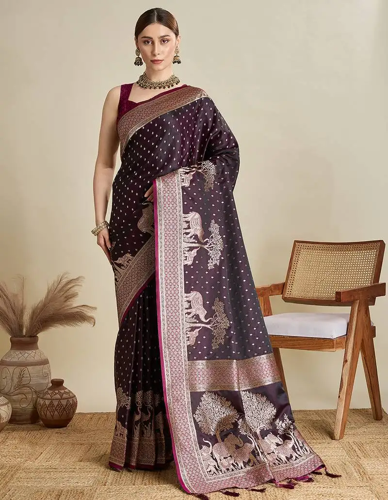 Wine satin saree with zari motifs contrast border and blouse