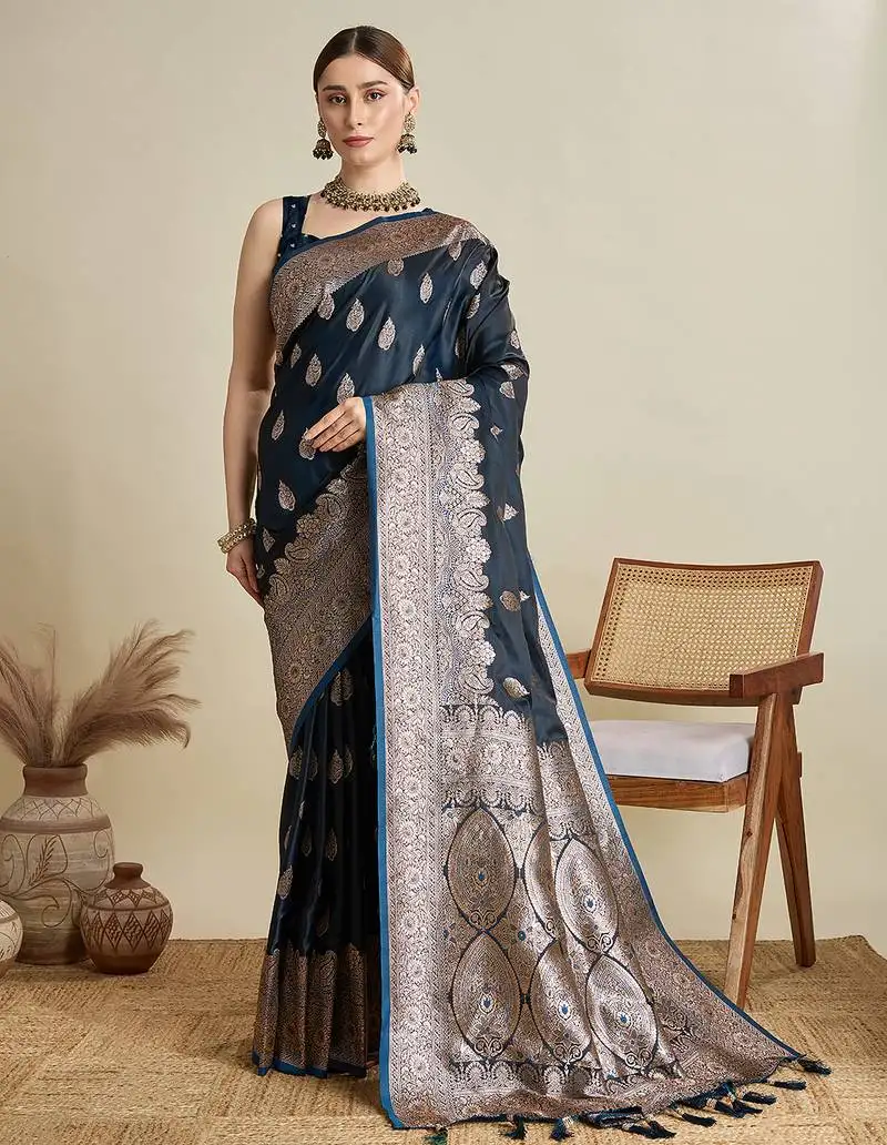 Navy blue satin saree with contrast zari border and blouse