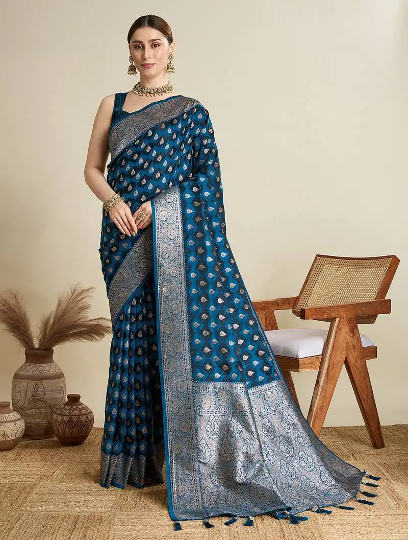 Blue satin saree with zari motifs contrast border and blouse