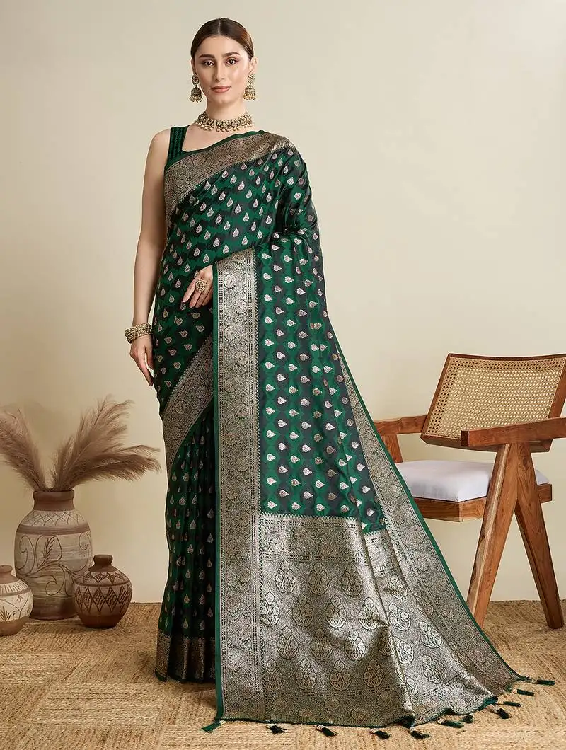 Green satin saree with zari motifs contrast border and blouse