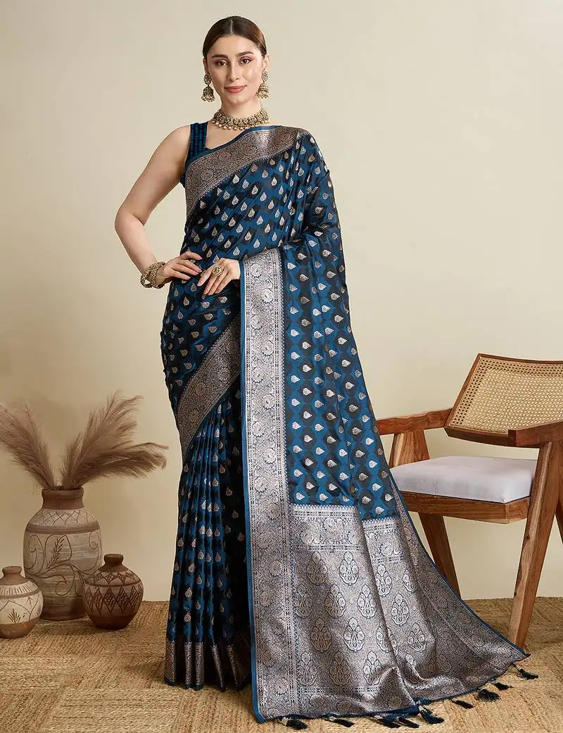 Navy blue satin saree with zari motifs contrast border and blouse