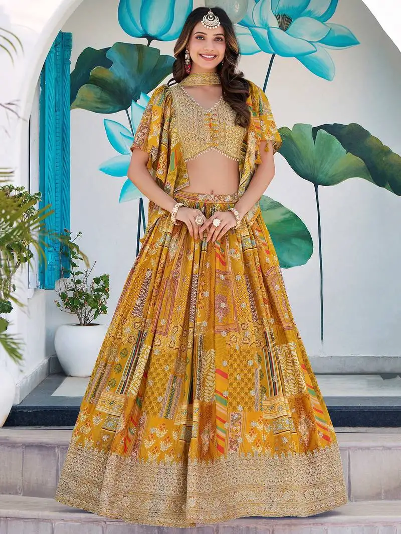 Yellow zari embroidered chinon lehenga choli with dupatta