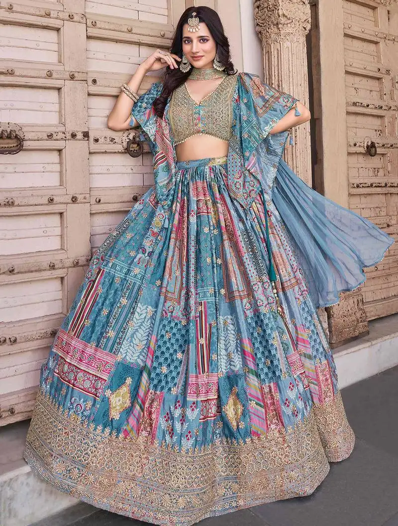 Sky blue dori embroidered chinon lehenga choli with dupatta