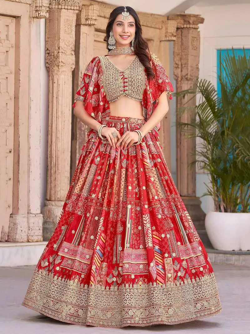Red chinon digital printed wedding lehenga choli