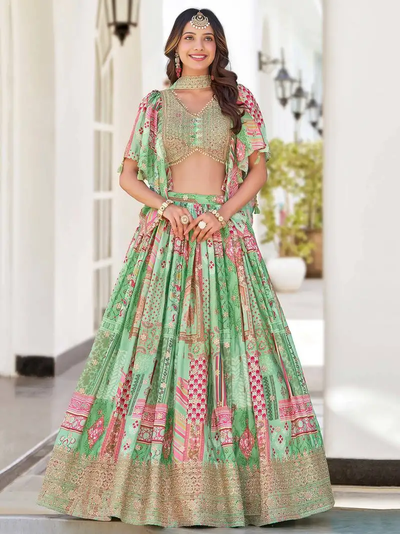 Pista green chinon dori embroidered lehenga choli