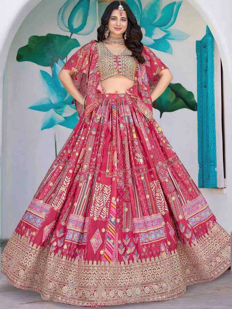 Pink chinon thread embroidered wedding wear lehenga choli