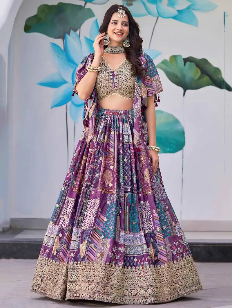 Purple chinon zari work bridesmaid lehenga choli with dupatta