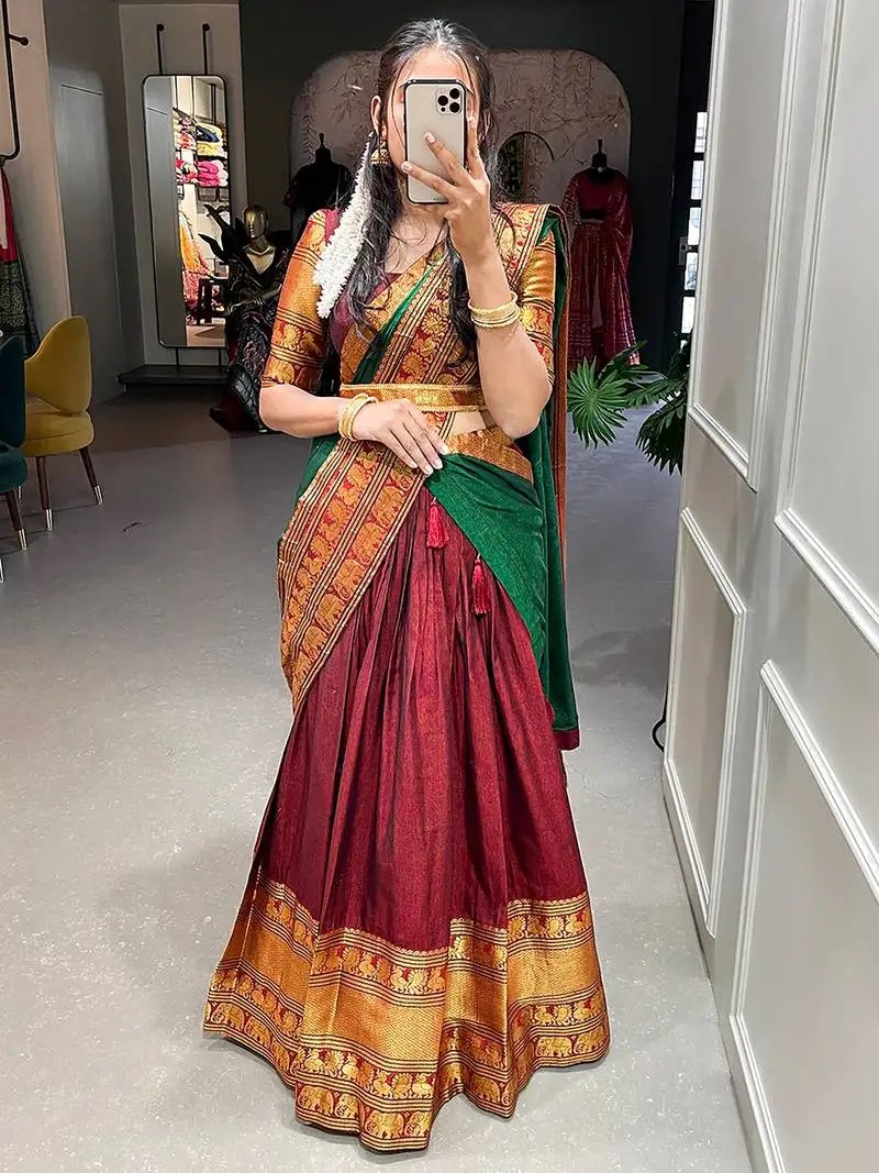 Maroon cotton zari weaving lehenga choli with dupatta