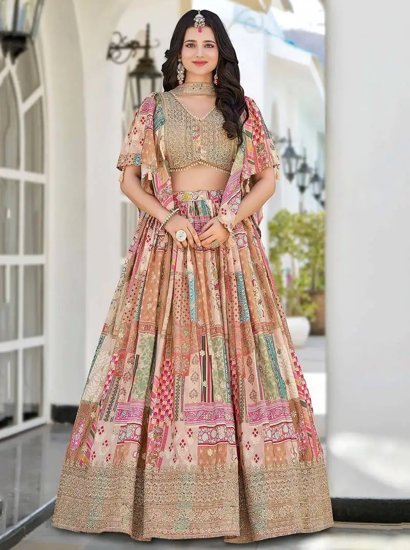 Beige chinon silk zari embroidered lehenga choli
