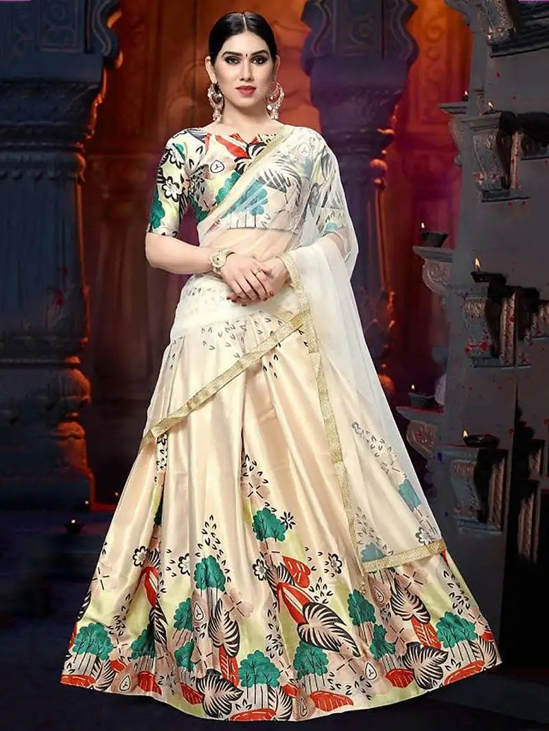 Cream satin digital printed festival wear lehenga choli