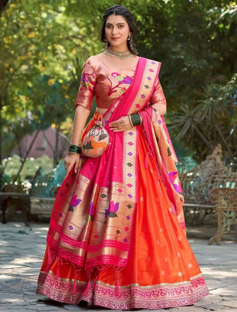 Orange jacquard silk festival wear lehenga choli with dupatta