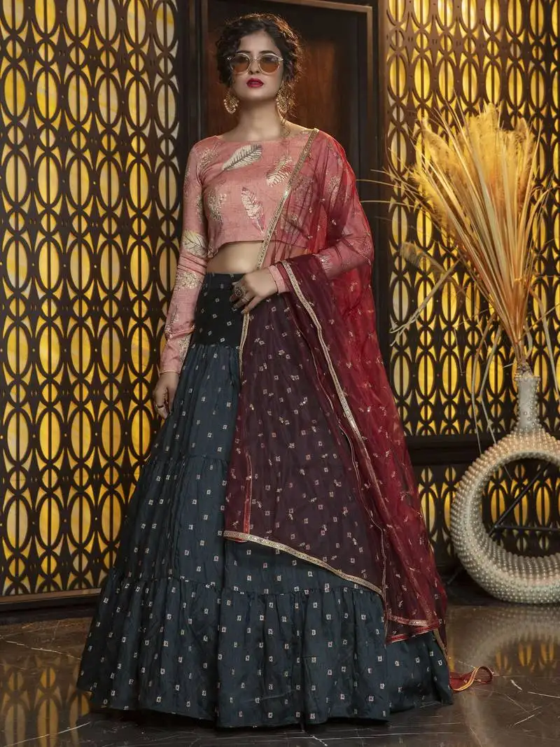 Dark green zari weaving cotton lehenga choli with dupatta