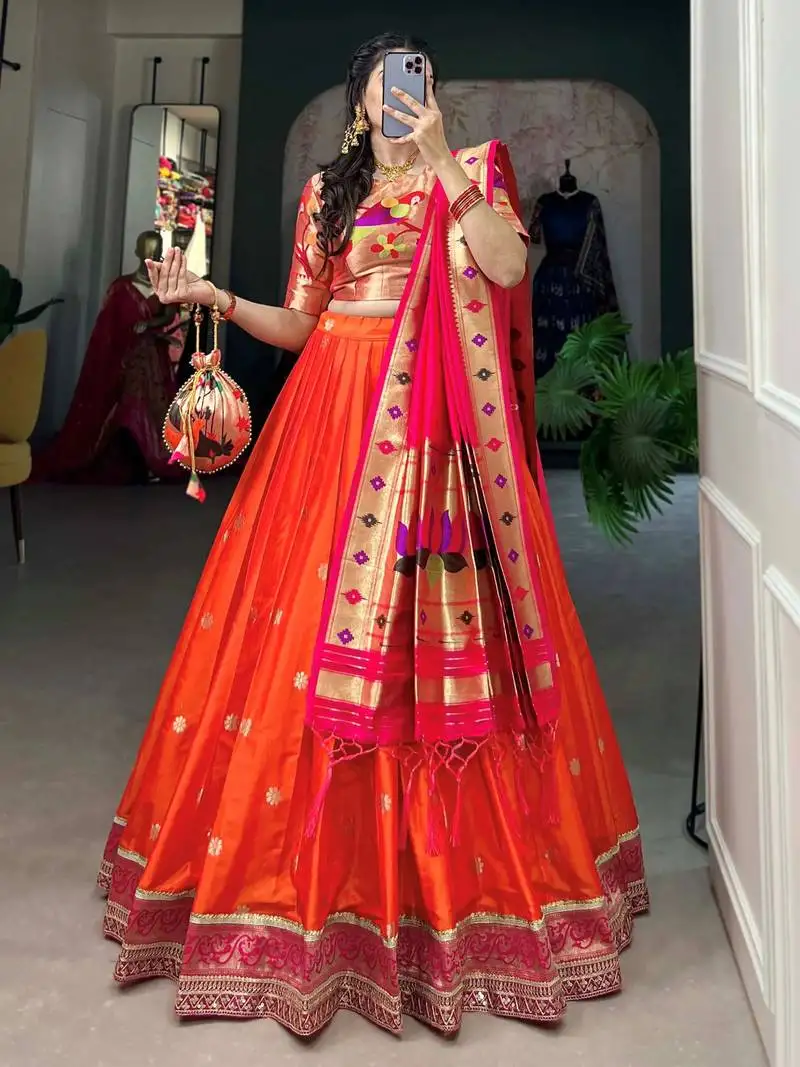 Orange jacquard silk zari weaving lehenga choli with dupatta