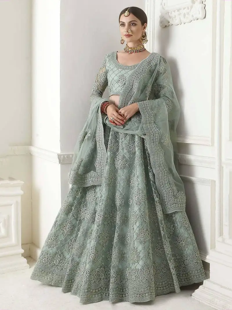 Mint green net beads embroidered lehenga choli with dupatta