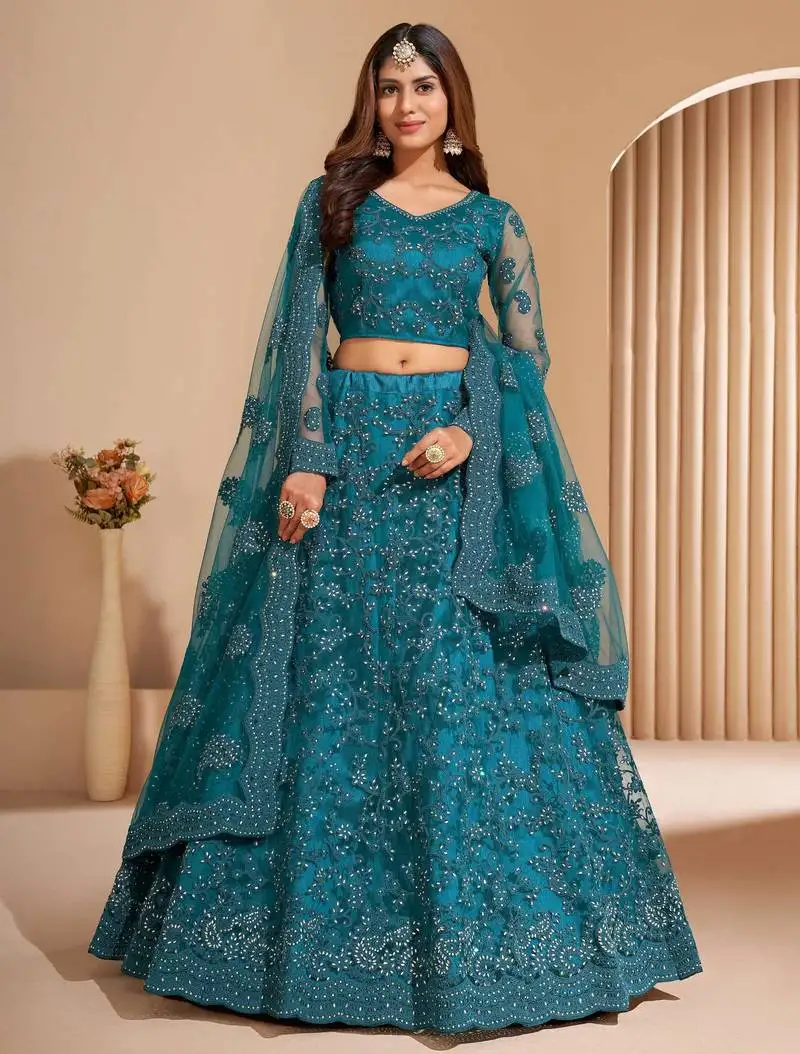 Teal blue sequins embroidered wedding lehenga choli