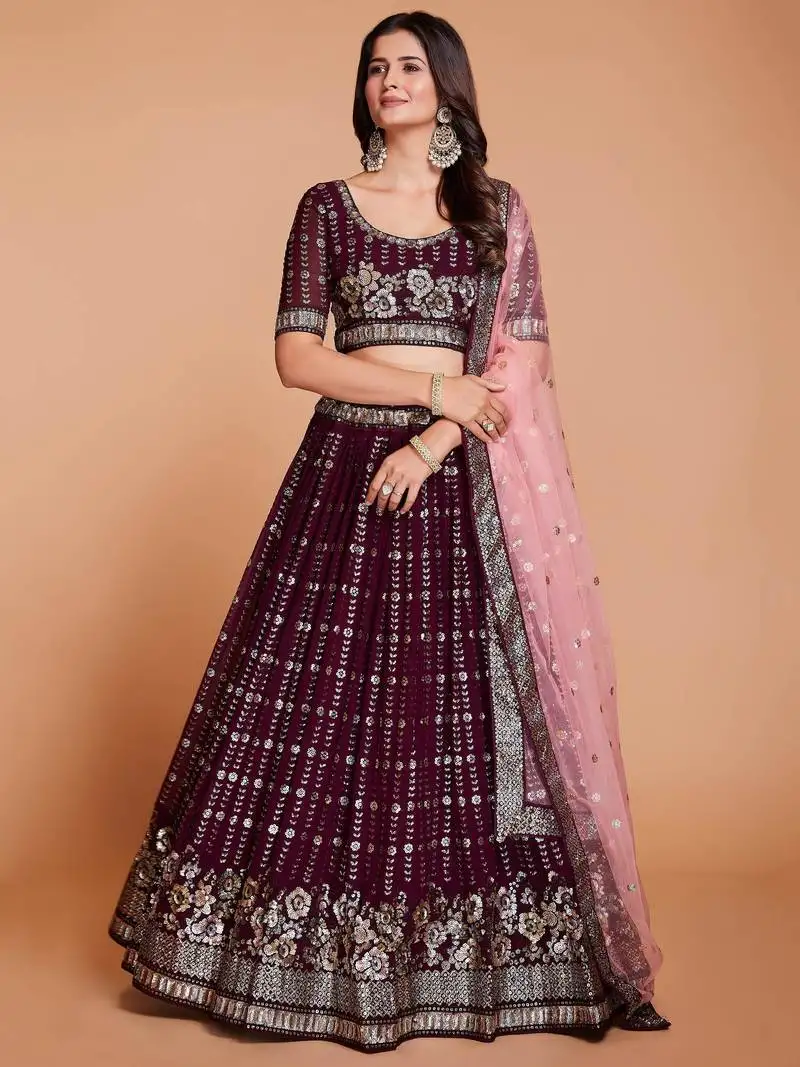 Purple sequins georgette wedding lehenga choli
