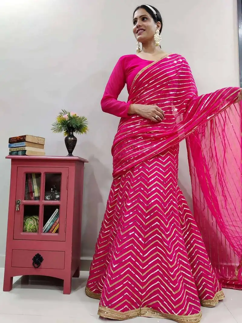 Rani pink georgette sequins work party wear lehenga saree