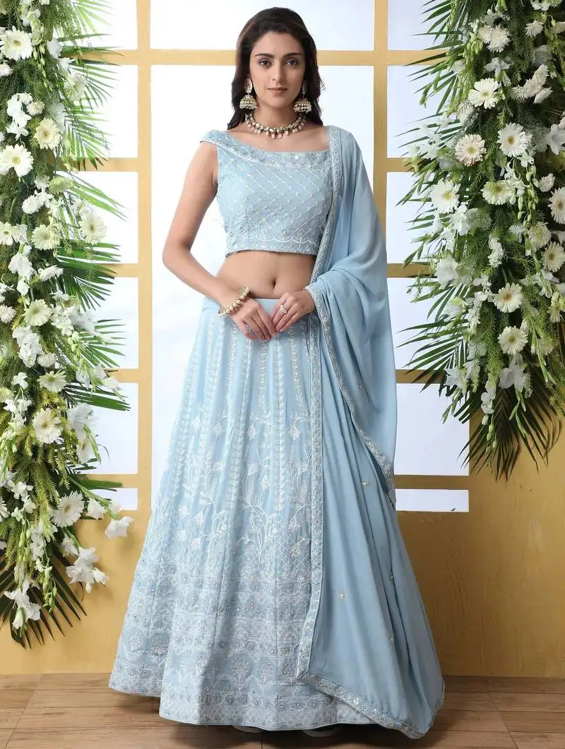 Sky blue thread work georgette bridesmaid lehenga choli