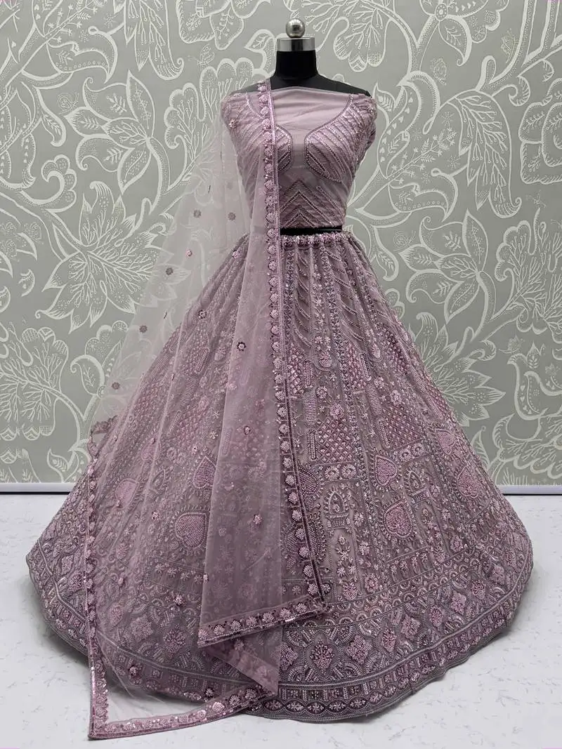 Pink net sequins bridesmaid lehenga choli with dupatta