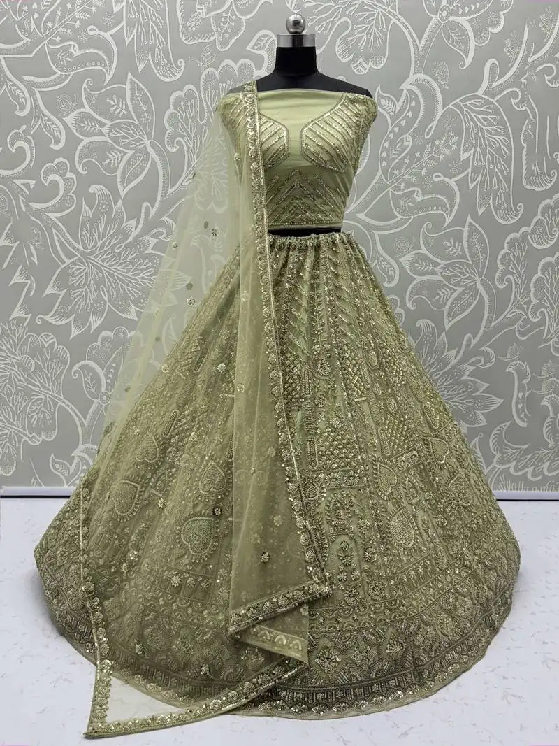 Pista green net thread work mehendi wear lehenga choli