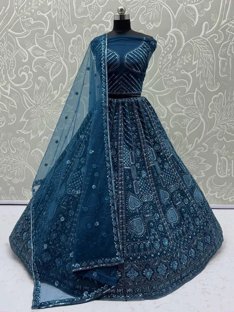 Blue net embroidered designer lehenga choli with dupatta