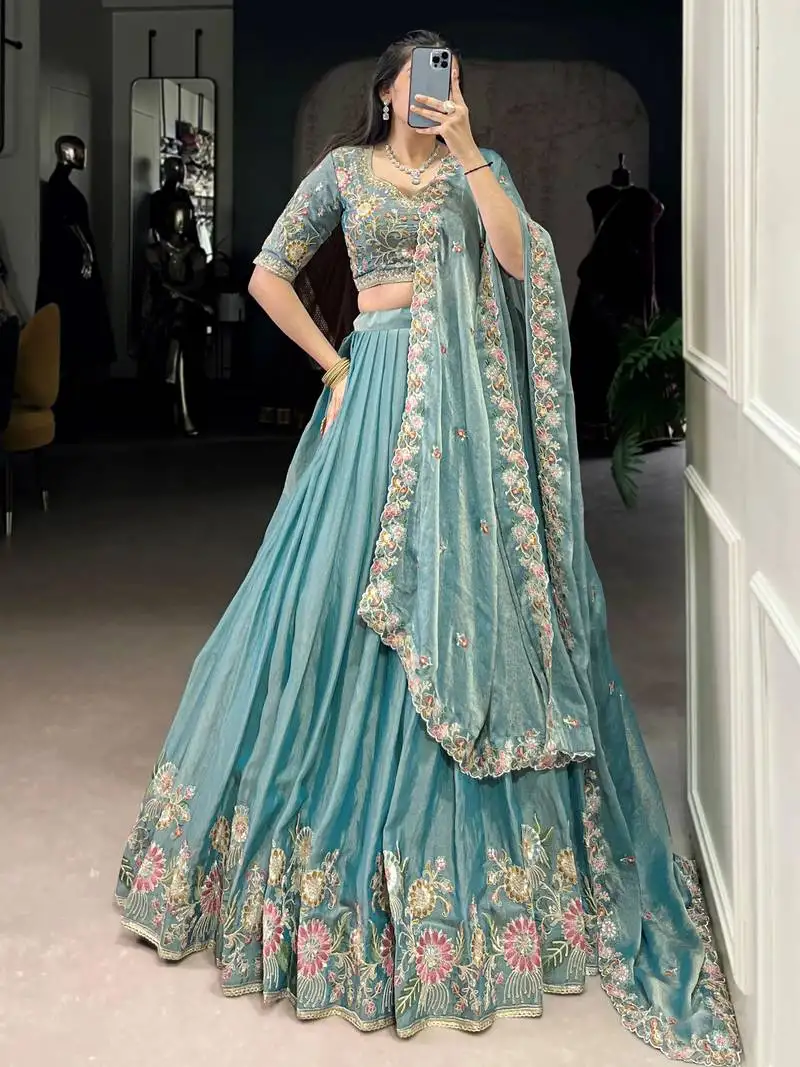 Sky blue organza zari weaving engagement wear lehenga choli