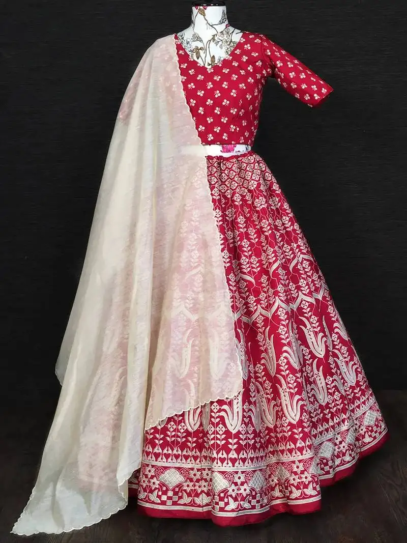 Red digital printed silk festival wear lehenga choli