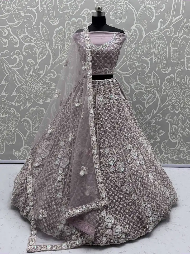Purple net sequins work bridesmaid lehenga choli with dupatta