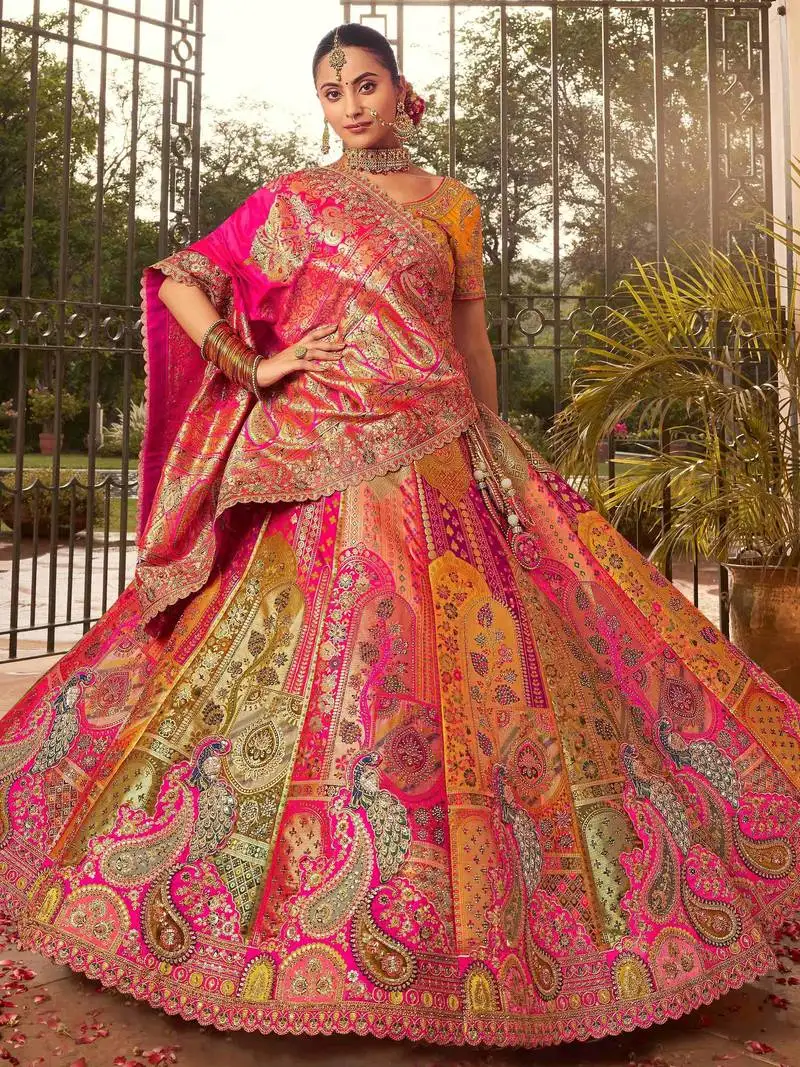 Multi-color banarasi silk stone work bridal lehenga choli