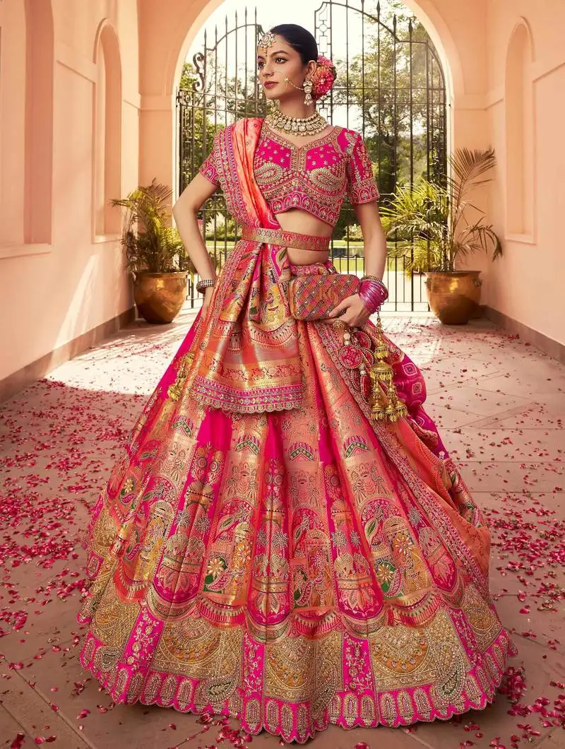 Rani pink banarasi silk thread embroidered lehenga choli