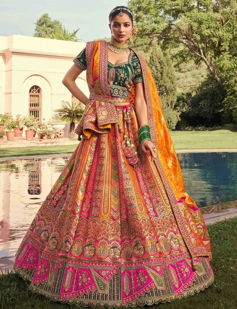 Mustard yellow banarasi silk designer lehenga choli with dupatta
