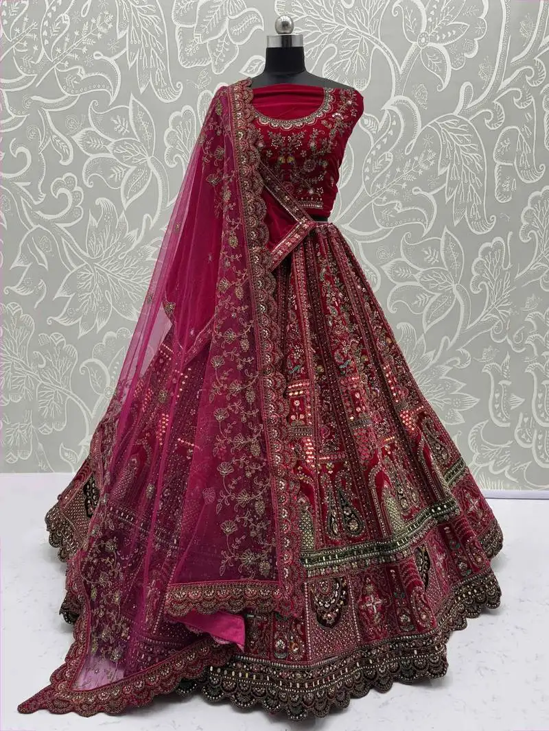 Pink embroidered bridal lehenga choli with double dupatta