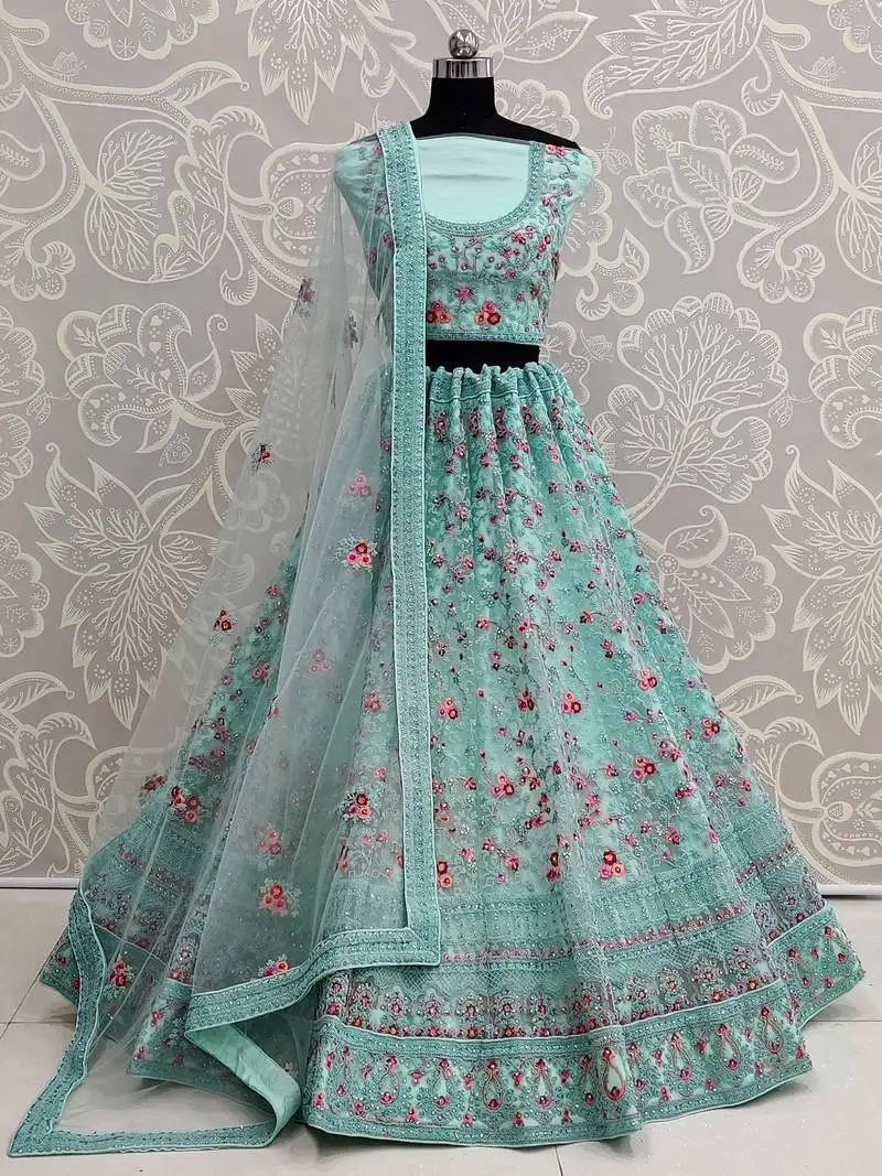 Sky blue net zircon work wedding wear lehenga choli
