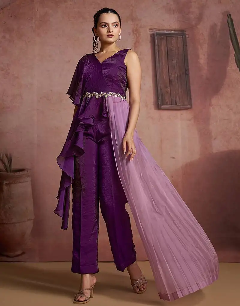 Wine organza two-piece co-ord set with cutdana & moti hand embroidery