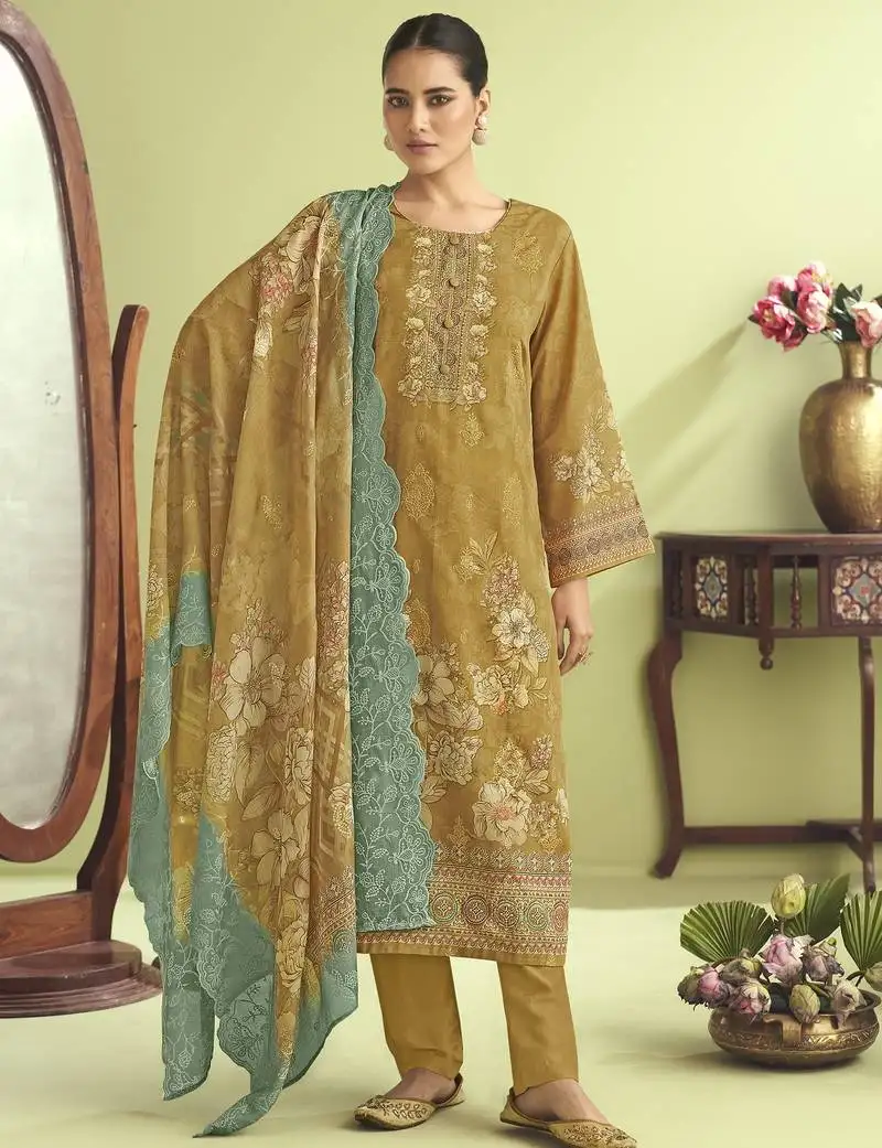 Stylee lifestyle mustard muslin embroidered dress material unstitched