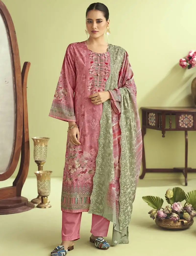 Stylee lifestyle pink muslin embroidered dress material unstitched