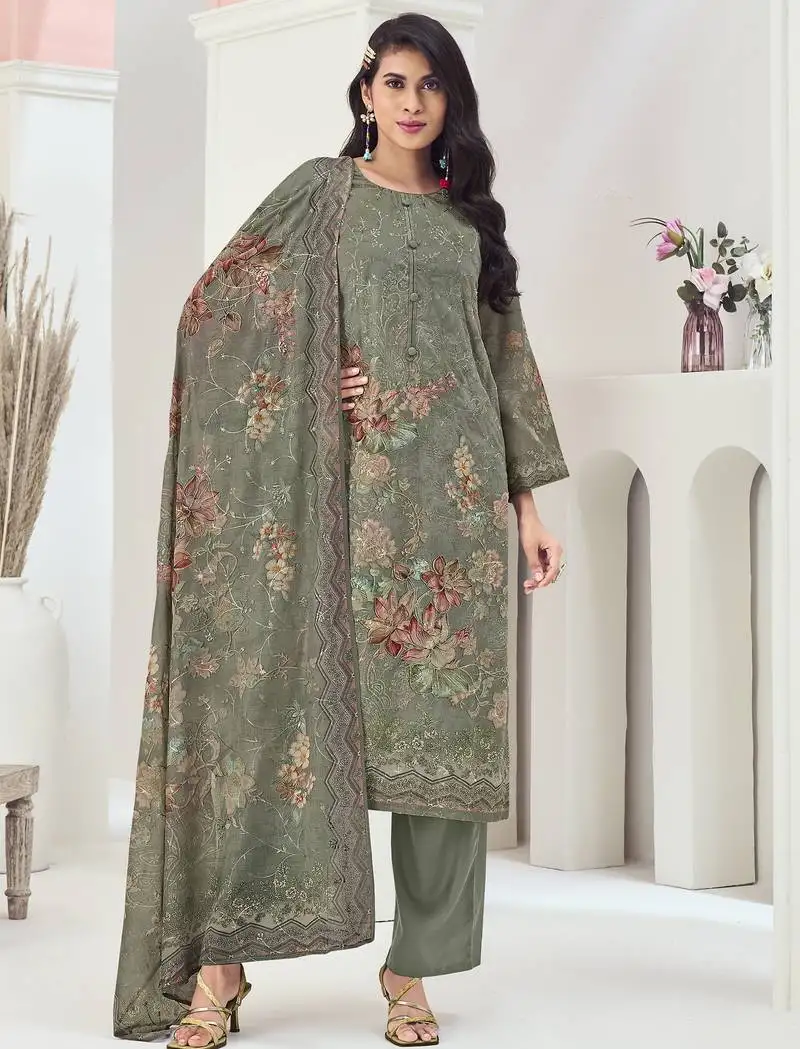 Stylee lifestyle olive muslin embroidered dress material unstitched