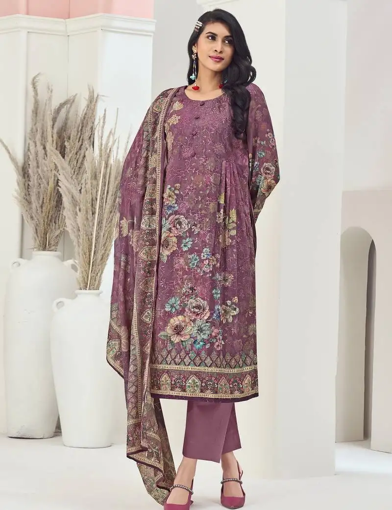 Stylee lifestyle magenta muslin embroidered dress material unstitched