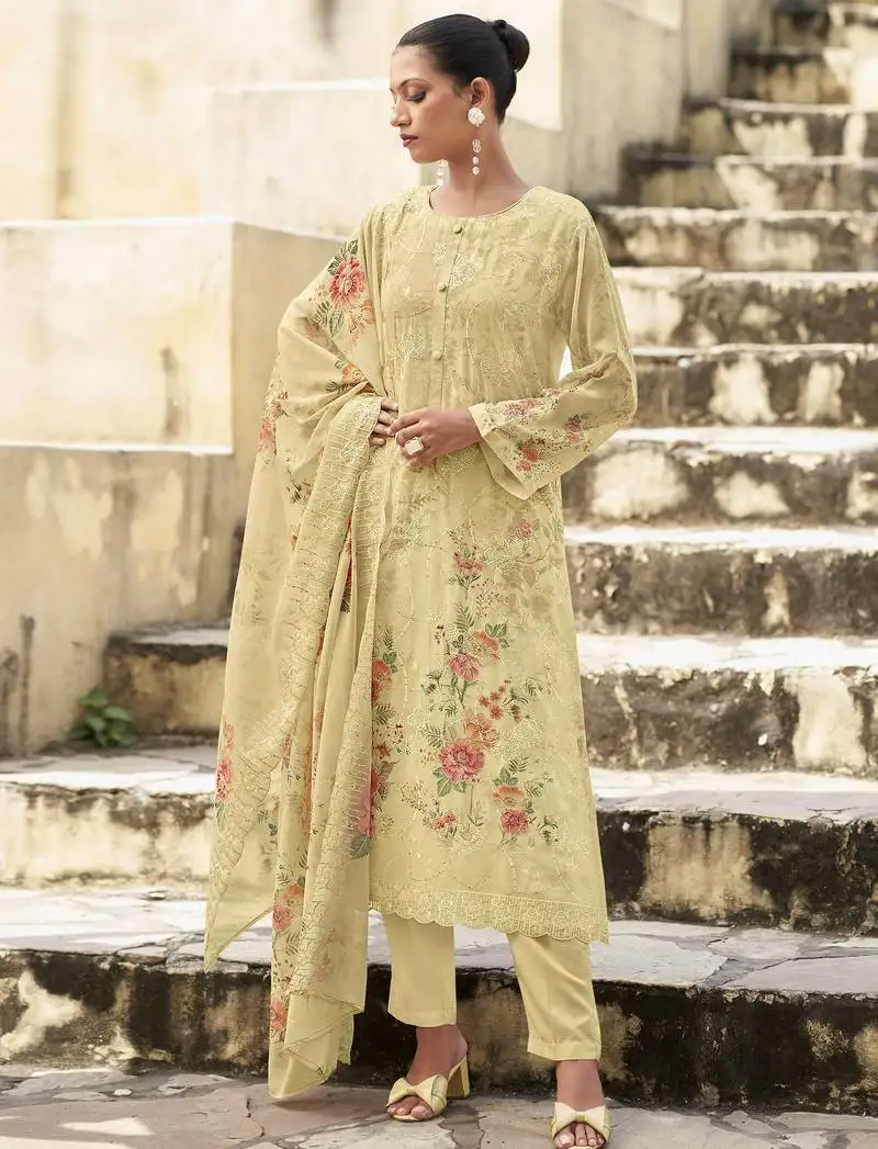 Stylee lifestyle cream organza embroidered dress material unstitched