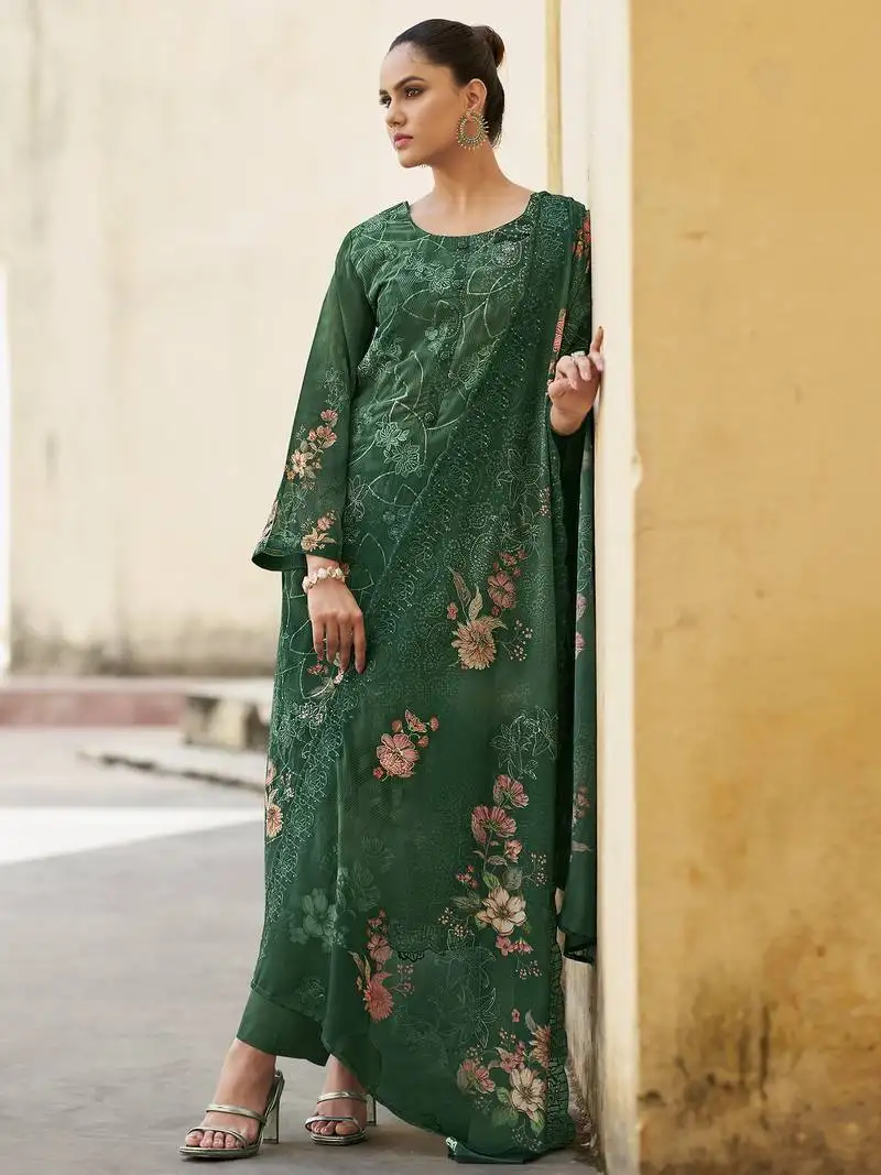 Stylee lifestyle green organza embroidered dress material unstitched
