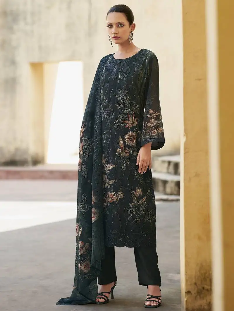 Stylee lifestyle black organza embroidered dress material unstitched