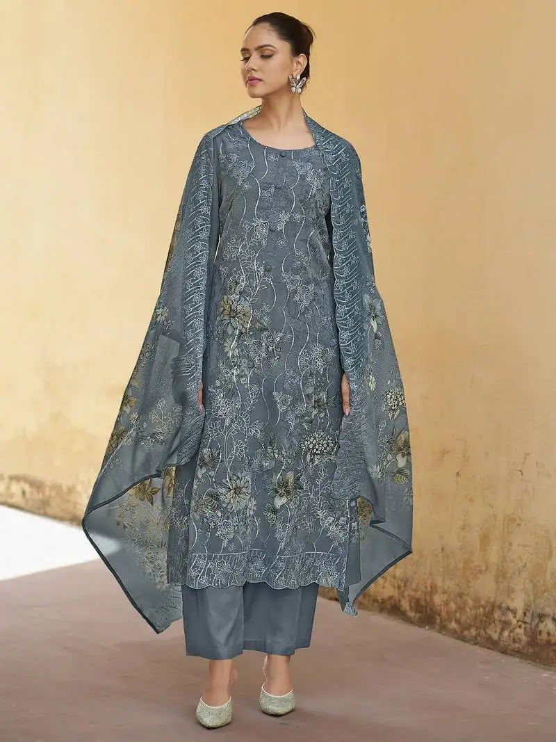 Stylee lifestyle grey organza embroidered dress material unstitched