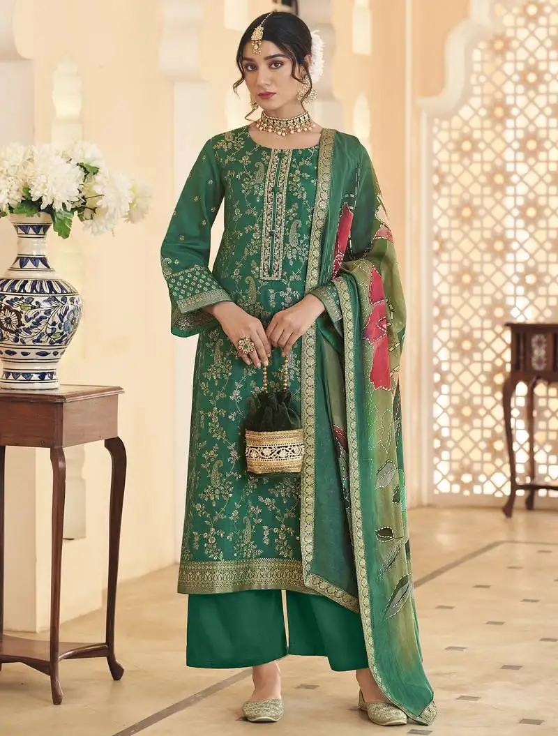 Stylee lifestyle green dola silk jacquard embroidered dress material unstitched