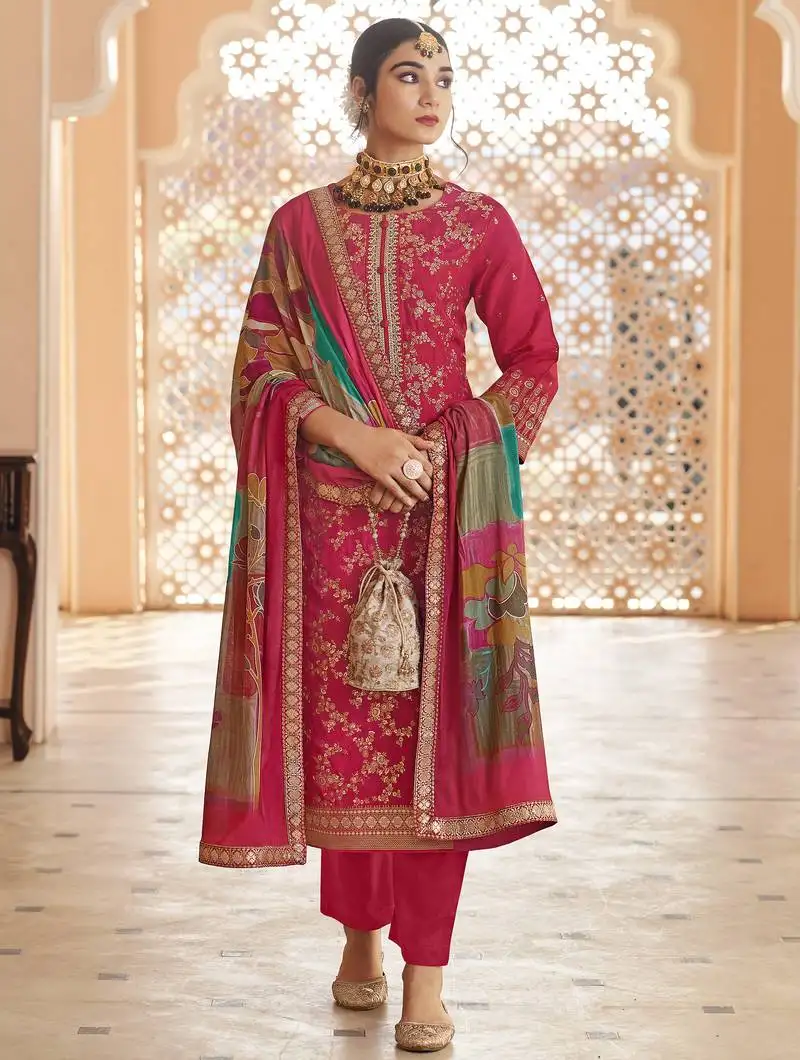 Stylee lifestyle magenta dola silk jacquard embroidered dress material unstitched