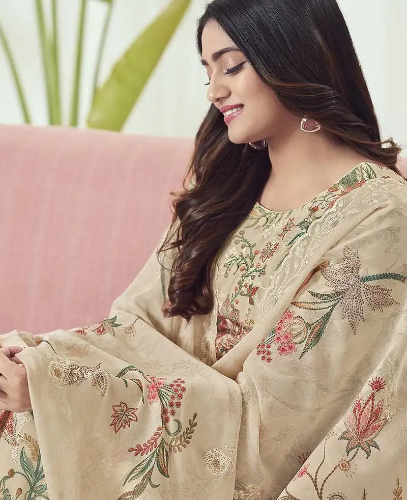 Stylee lifestyle beige georgette embroidered dress material unstitched