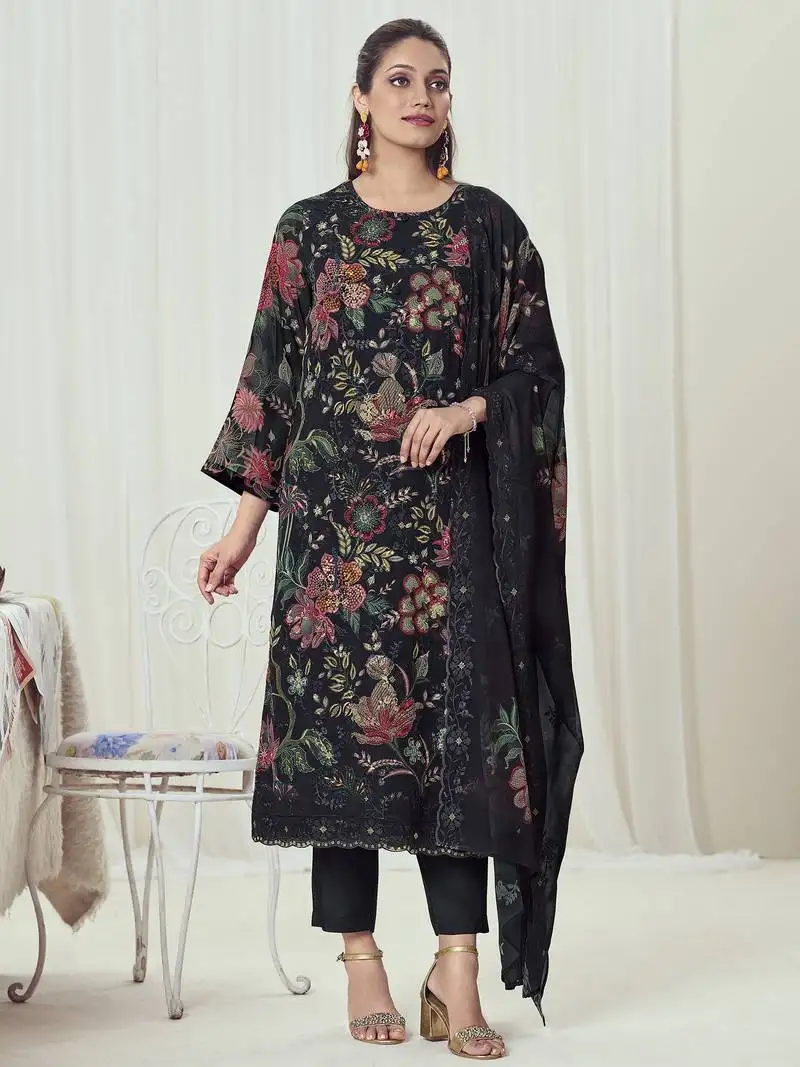 Stylee lifestyle black georgette embroidered dress material unstitched