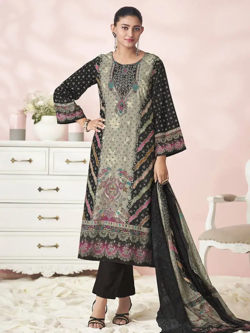 Stylee lifestyle black lawn cotton embroidered dress material unstitched