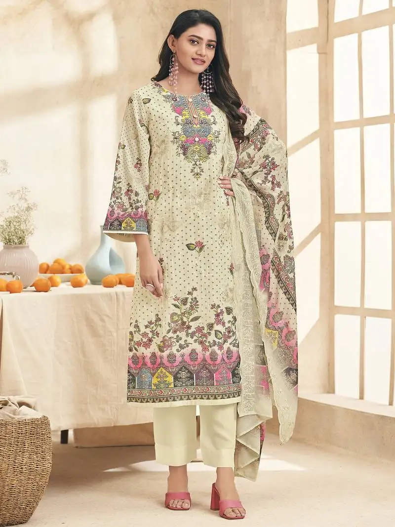 Stylee lifestyle cream lawn cotton embroidered dress material unstitched