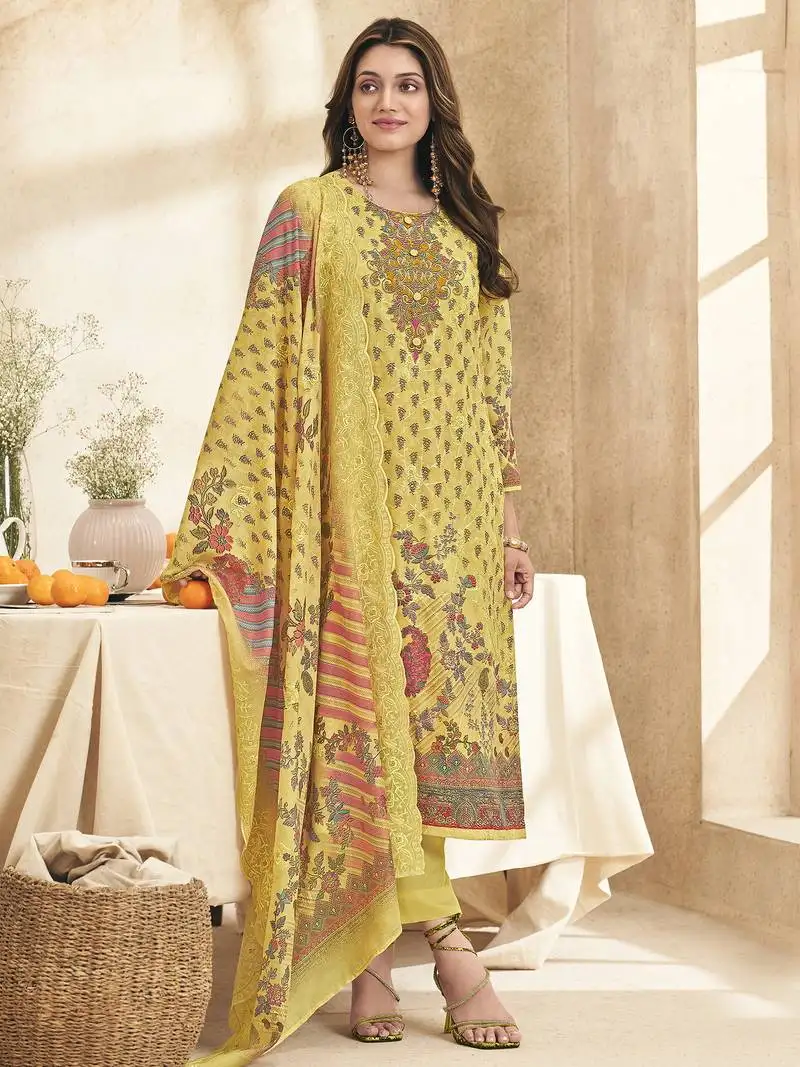 Stylee lifestyle lemon yellow lawn cotton embroidered dress material unstitched