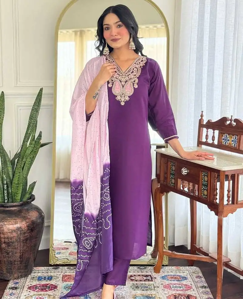 Purple sequnece floral embroidery chanderi silk kurta set with printed dupatta for women